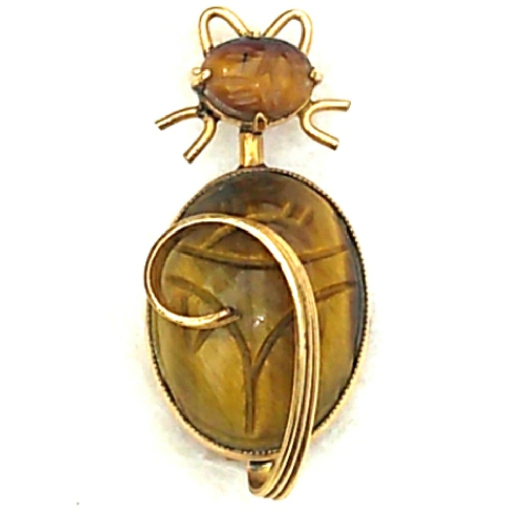 VINTAGE 12K Carved Tiger's Eye Cat Brooch Pin GMS